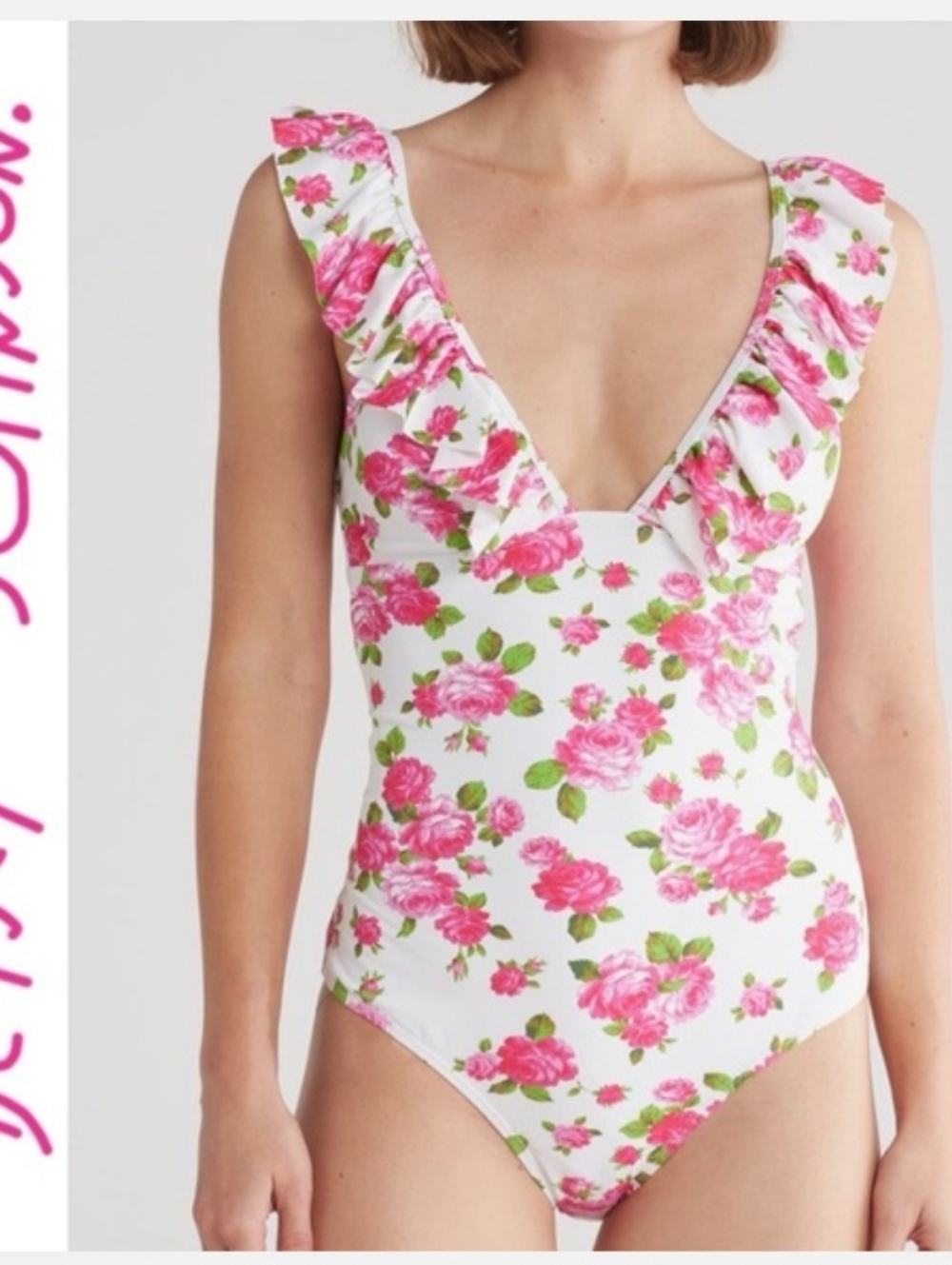 Betsey Johnson White Floral One-Piece Swimsuit with Pink Roses